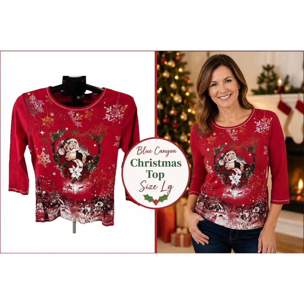 Blue Canyon Christmas Top Sz L Red Santa Graphic Holiday Snowflakes USA Made